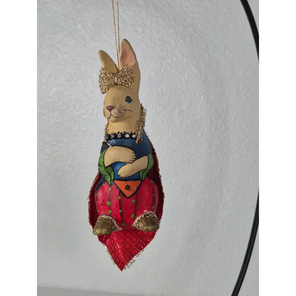 Vtg Hand Painted Papier Mache Bunny Rabbit Ornament Red Cape Rhinestone Collar